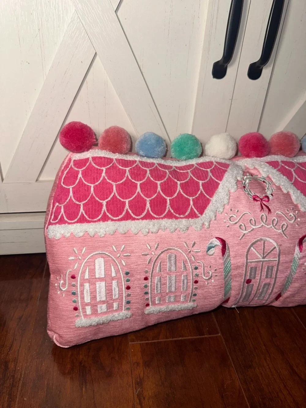 Festive Pink Gingerbread House Decorative Holiday Pillow